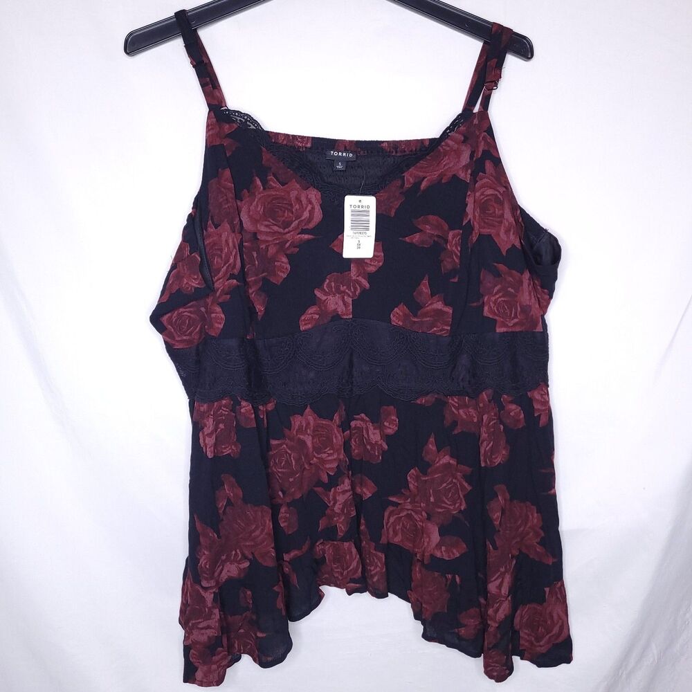 Torrid Babydoll Top 5X Black Floral Rose Crinkle NWT